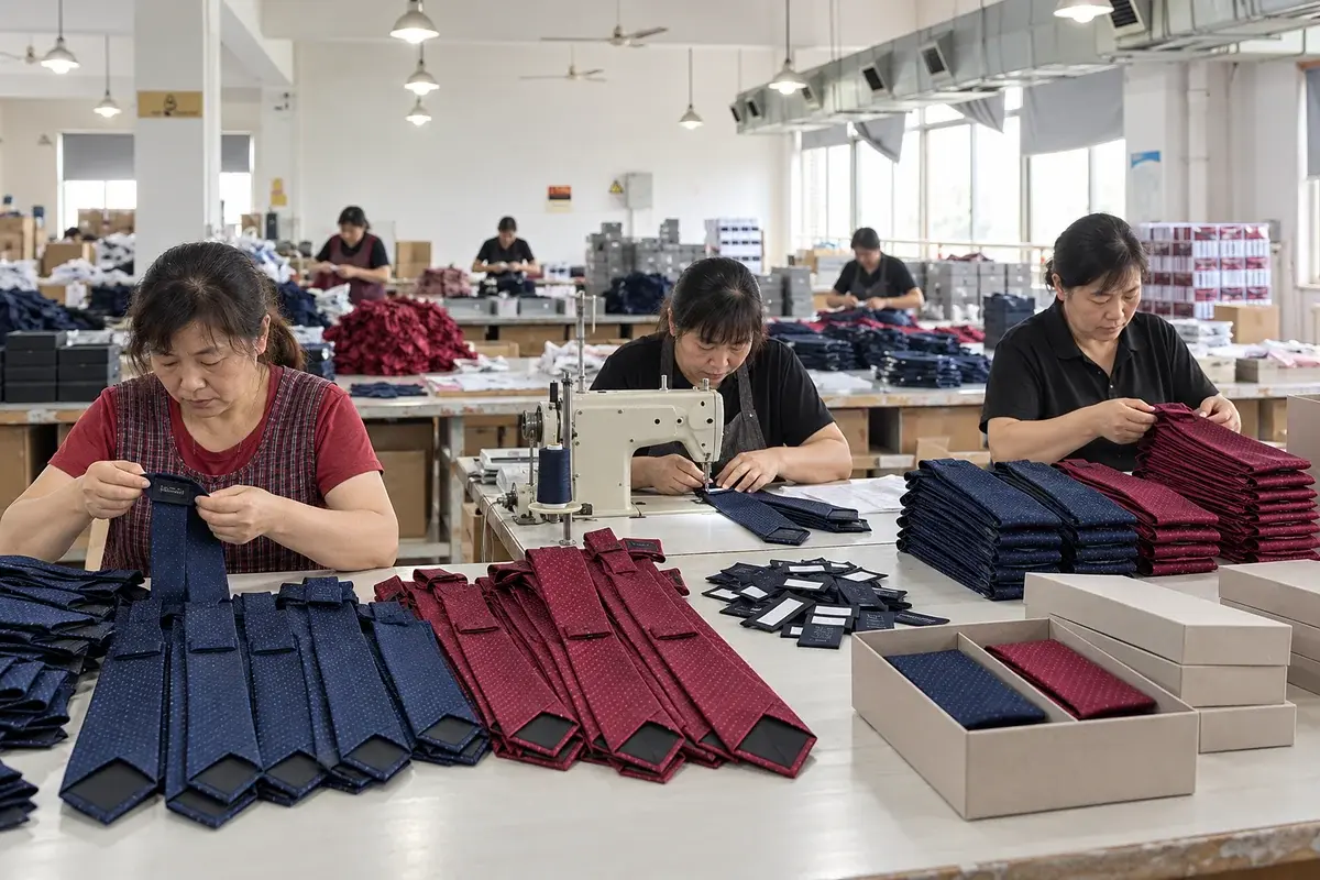 Production team sewing labels and arranging navy and burgundy tie variants.