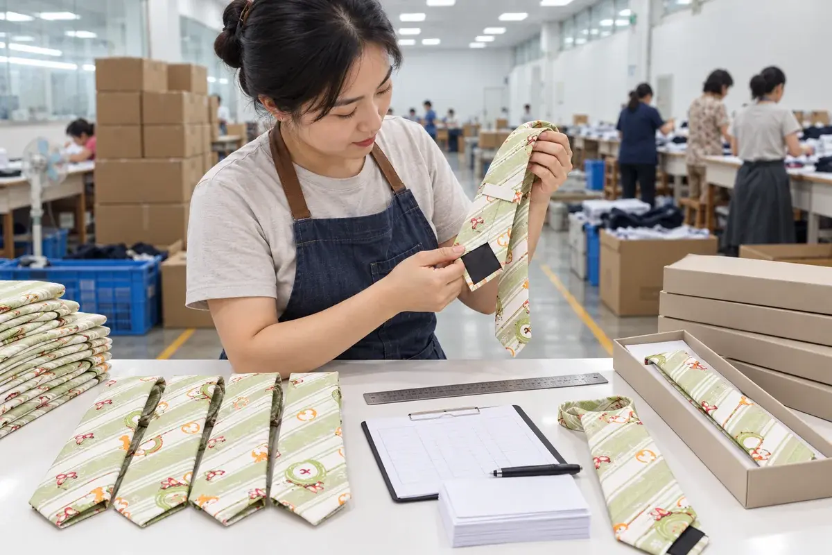 Factory worker checking tie construction, label placement and packing details.