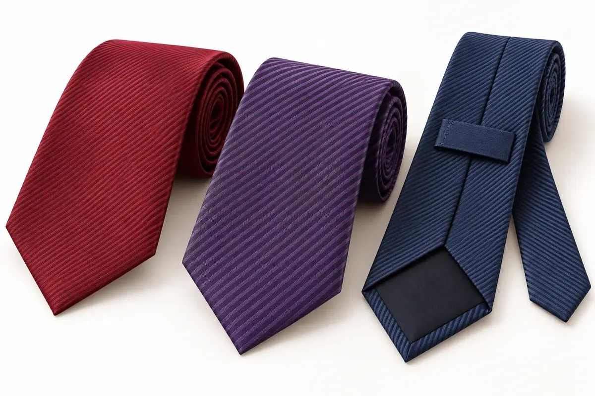 Burgundy, purple and navy silk ties with finishes and blank label position.