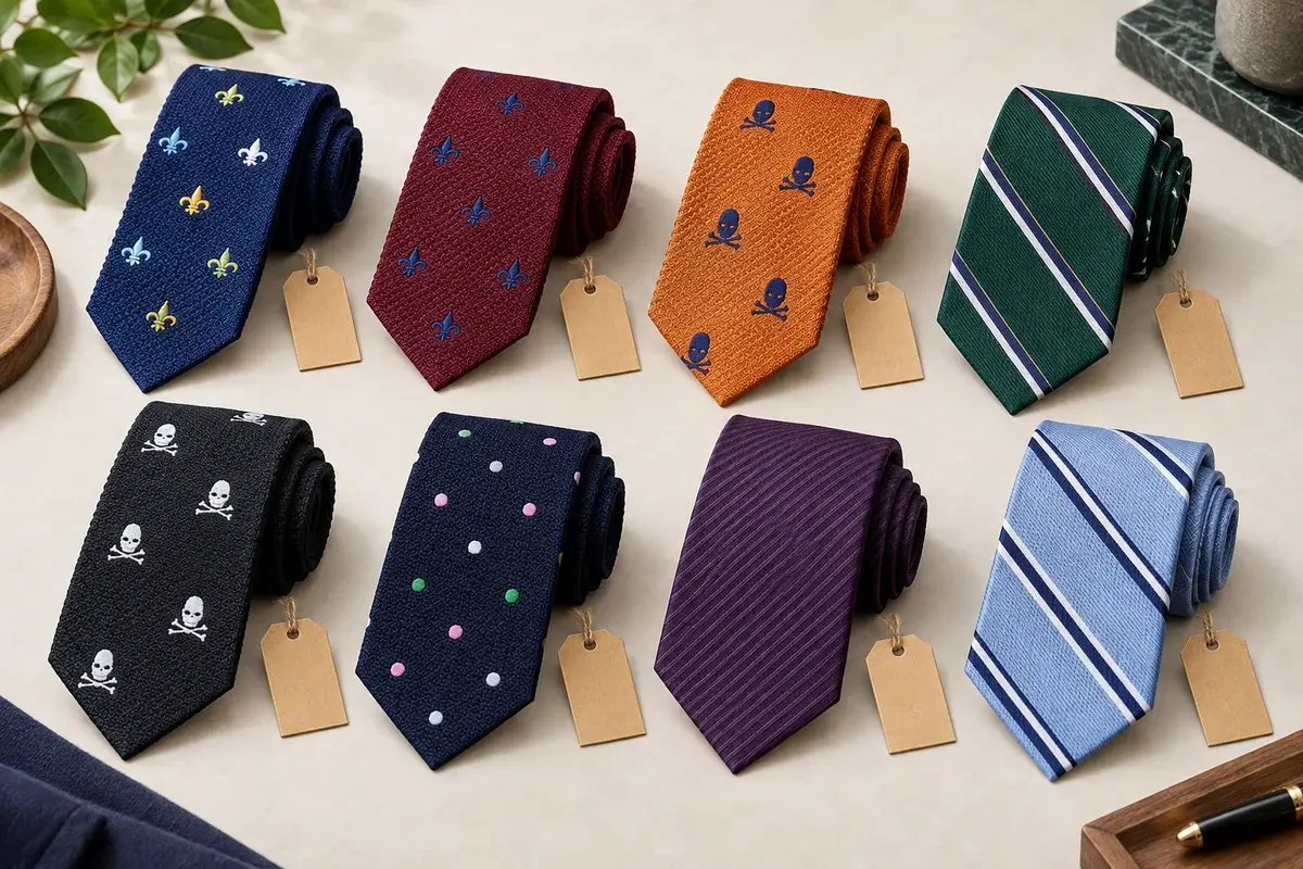 Eight necktie variants in colors and patterns with blank identification tags.