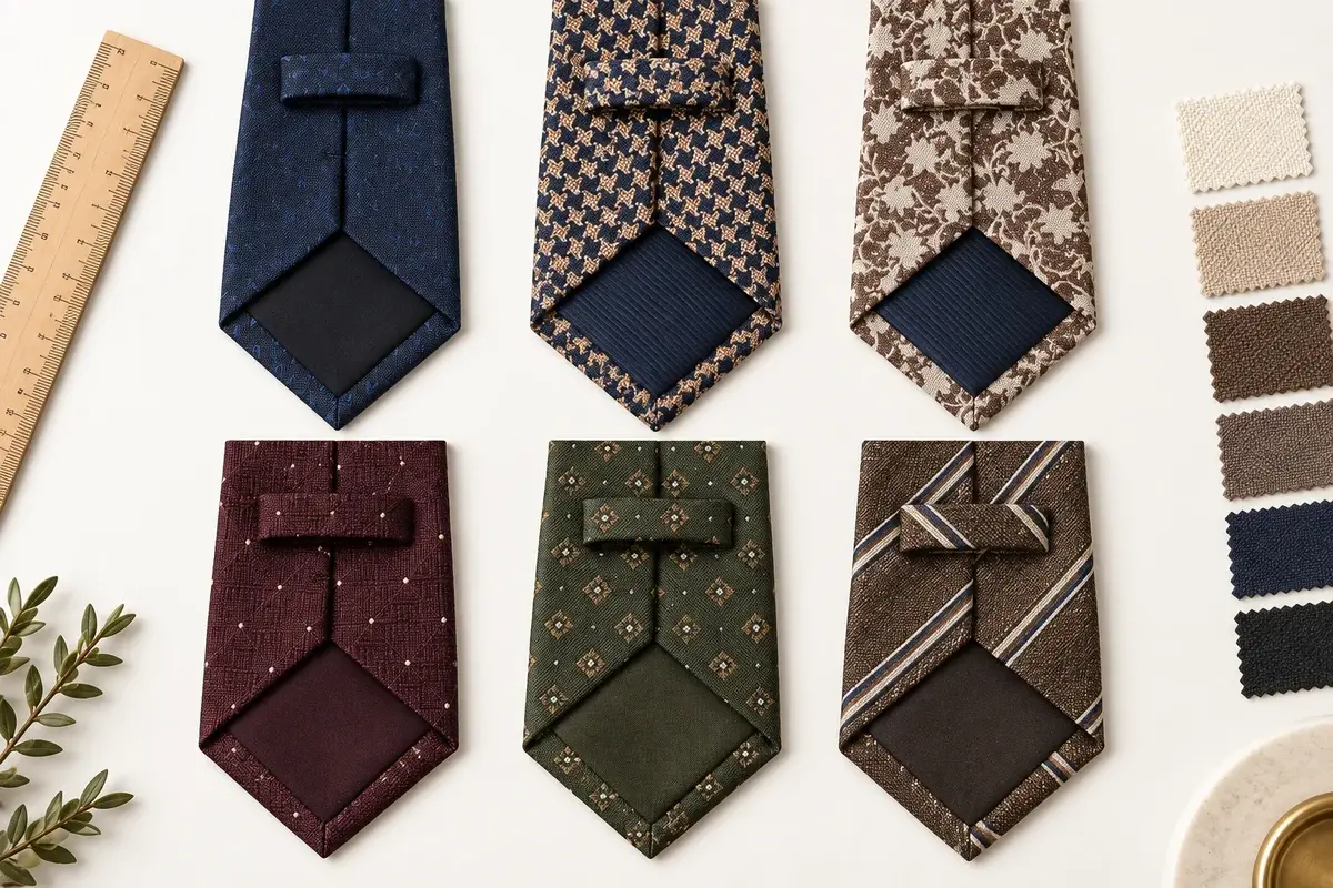 Six private label tie backs with seams, tipping.