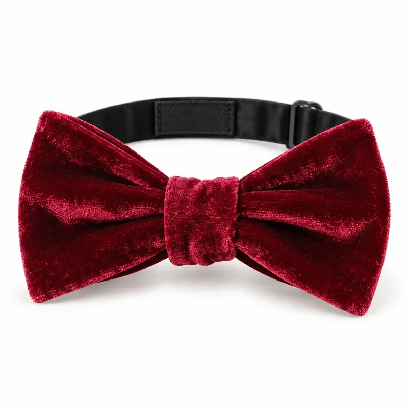 Burgundy velvet bow tie with an adjustable black neckband and blank label.