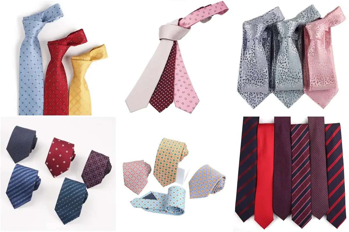 Neckties in assorted colors, stripes, floral patterns and geometric designs.