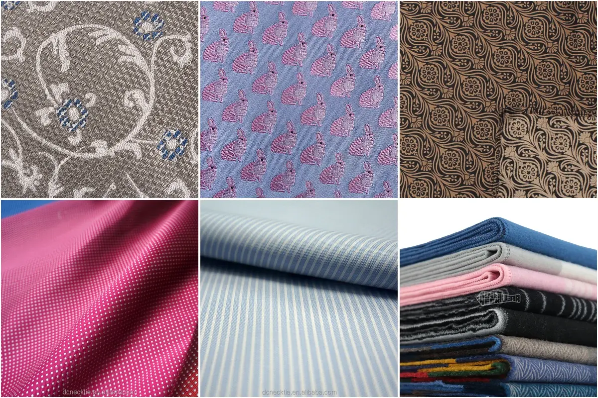 Six fabric examples showing different colors, patterns and surface textures.