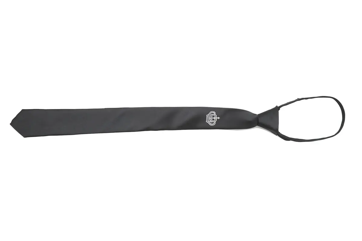 Black pre-tied necktie with a white crown motif.