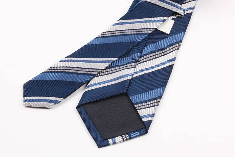 Blue and white striped necktie showing the front and reverse.