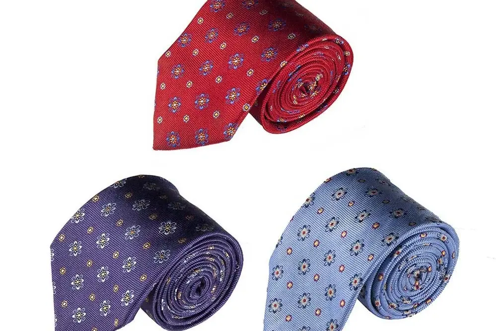 Red, purple and blue patterned neckties.
