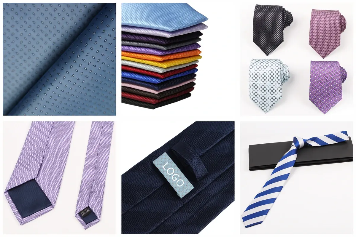 Fabric colors and patterns, tie construction, a brand label and box.