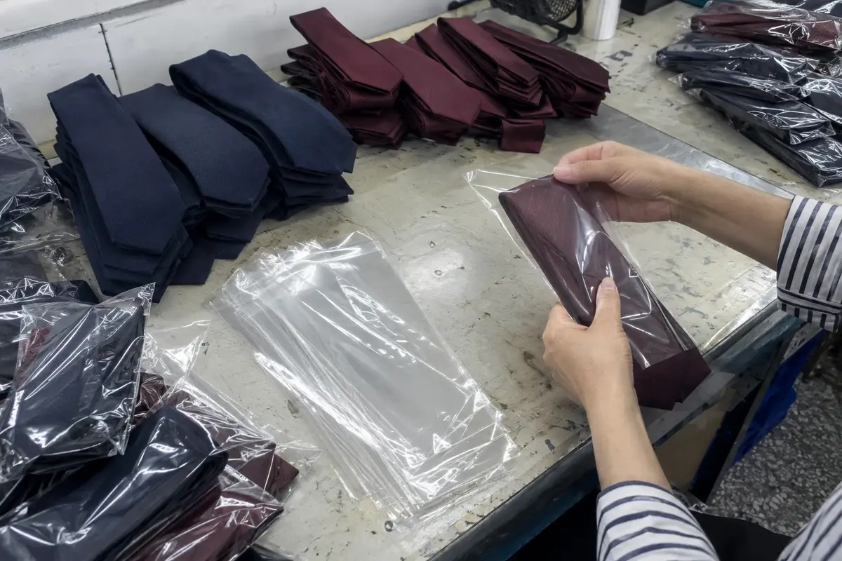 A folded burgundy necktie being placed into a clear protective sleeve.