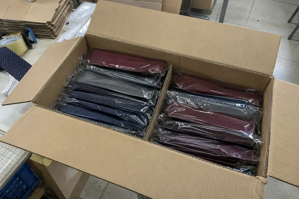 Individually sleeved neckties stacked inside a divided shipping carton.