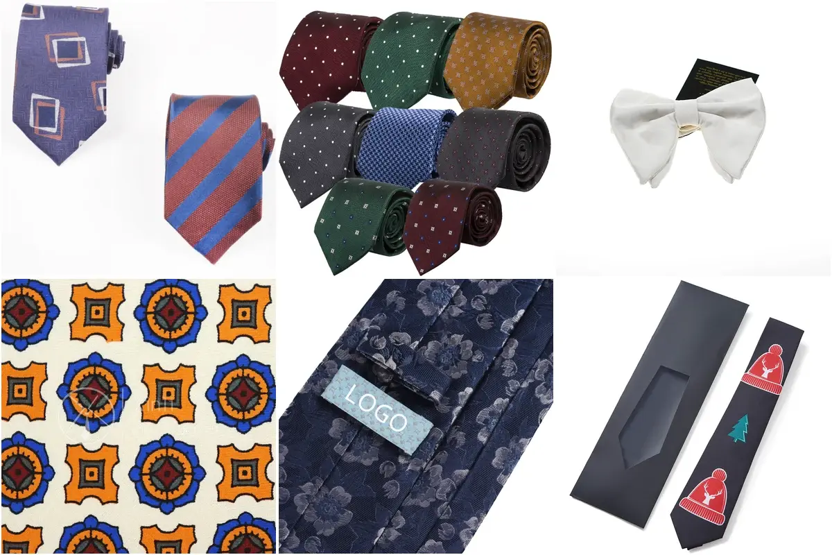 Six references with neckties, a bow tie, patterned fabric, a sewn label and box.