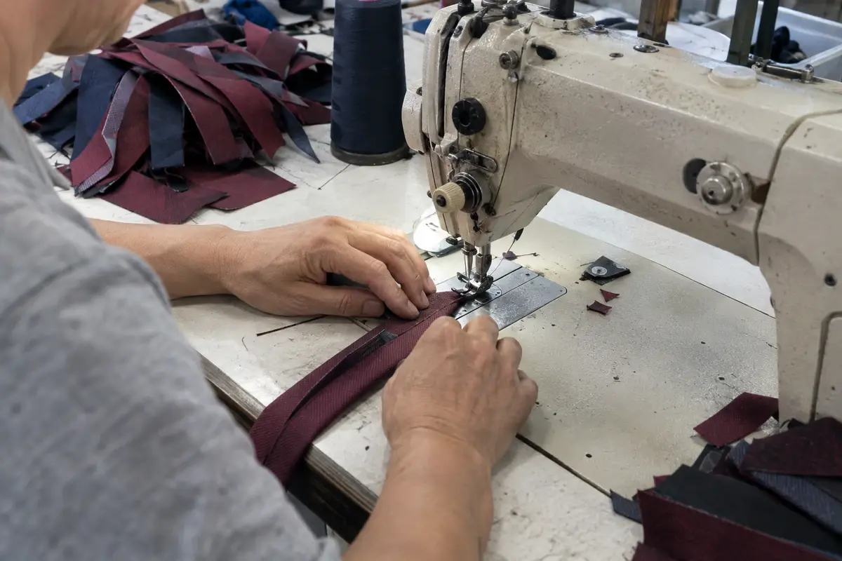 Hands guiding burgundy necktie fabric through an industrial sewing machine.