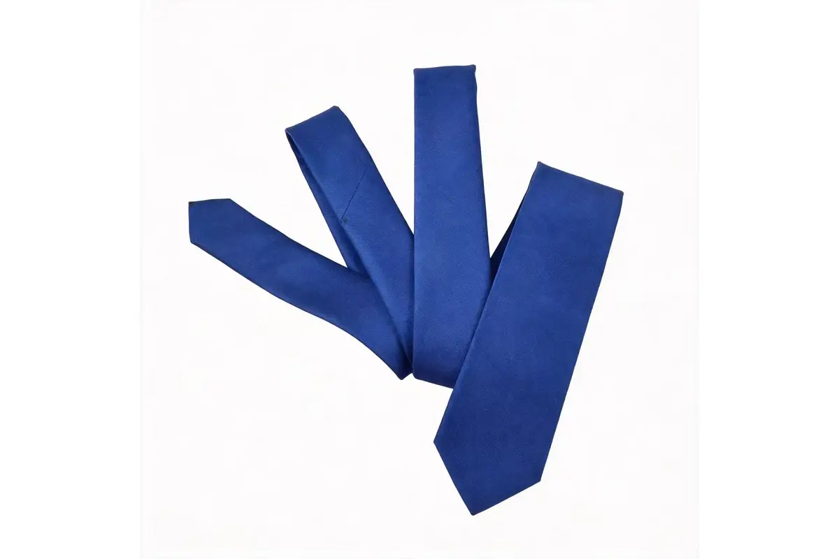 Blue tie arranged to show the wide blade and narrow tail.
