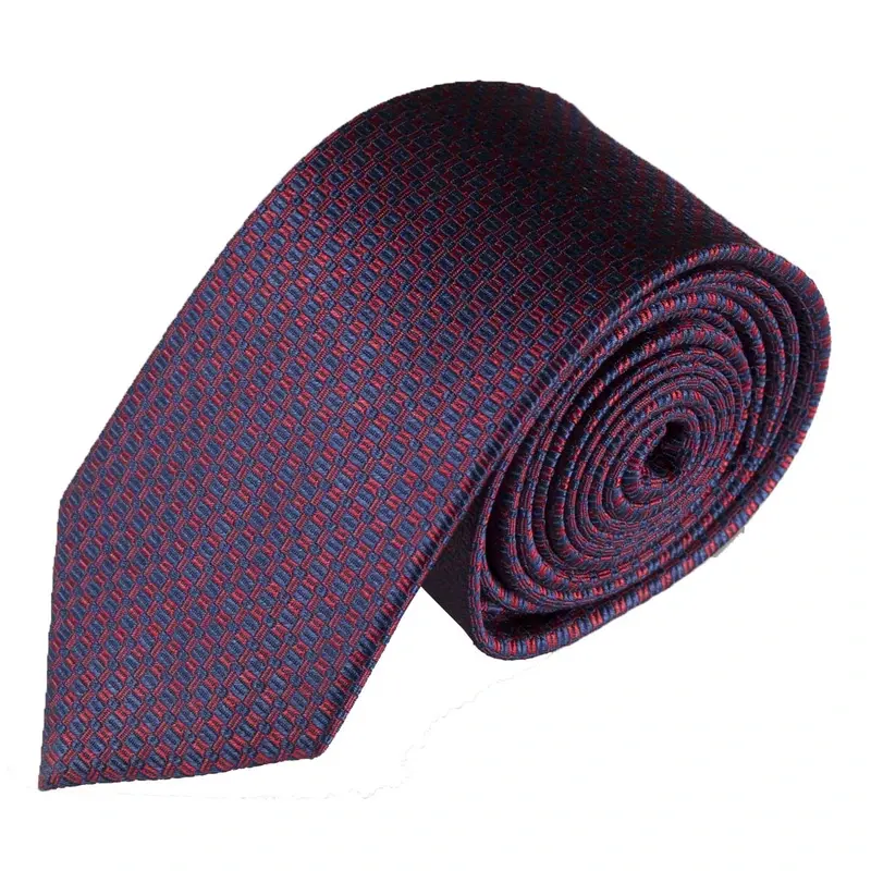 Rolled burgundy tie with a fine blue repeating texture.