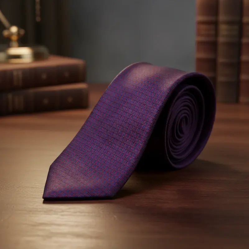 Rolled purple tie with a fine tonal pattern on a wooden surface.