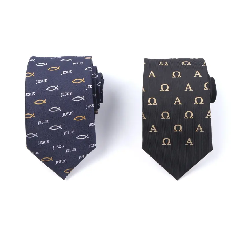 Two dark ties with small repeated pale emblems.
