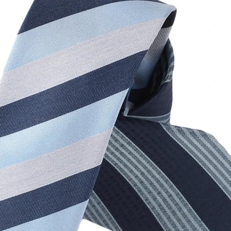 Close-up of blue necktie with broad diagonal stripes