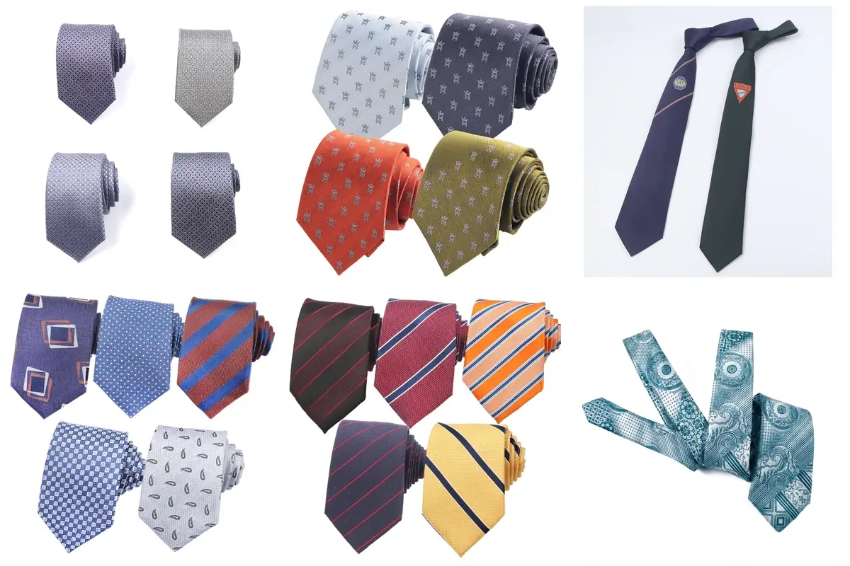 Six tie groups with varied colors, motifs, emblems and stripes.
