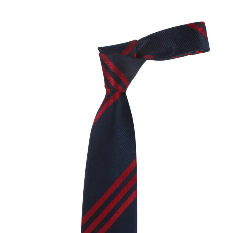 Knotted navy tie with grouped red diagonal stripes.