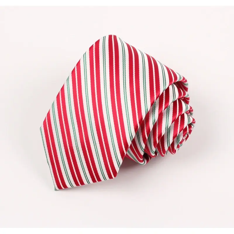 Rolled tie with narrow red, white and dark stripes.