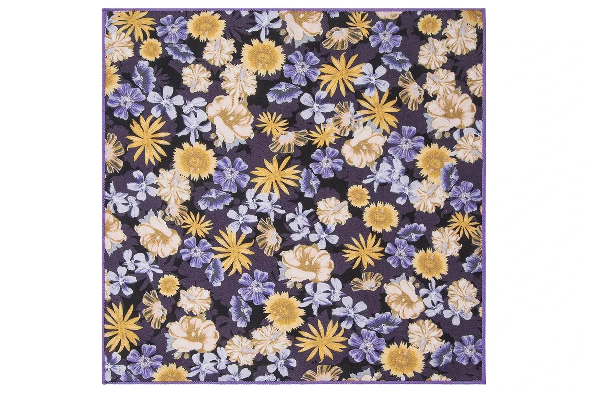 Flat colorful floral textile design with yellow, white and lavender flowers.