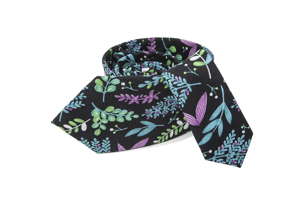 Black tie covered with multicolor leaves, flowers and dragonfly illustrations.