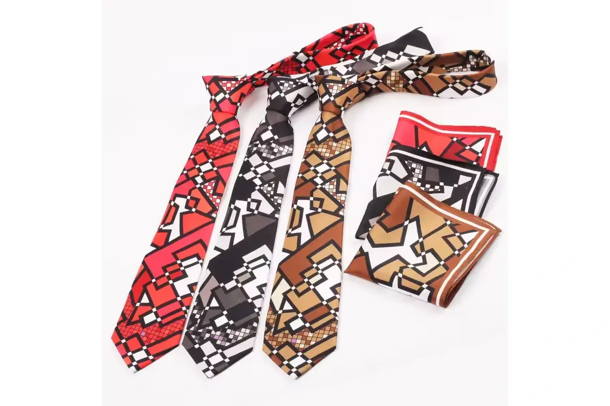 Three red, black and brown geometric ties with matching pocket squares.