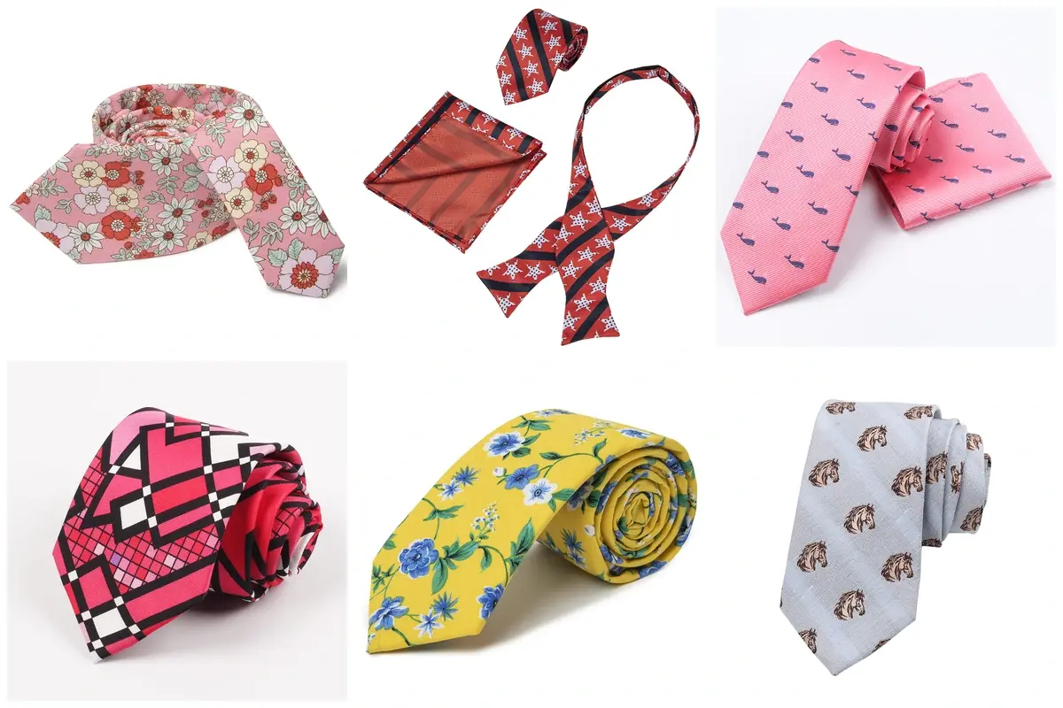 Six ties with floral illustrations, geometric graphics and repeated motifs.