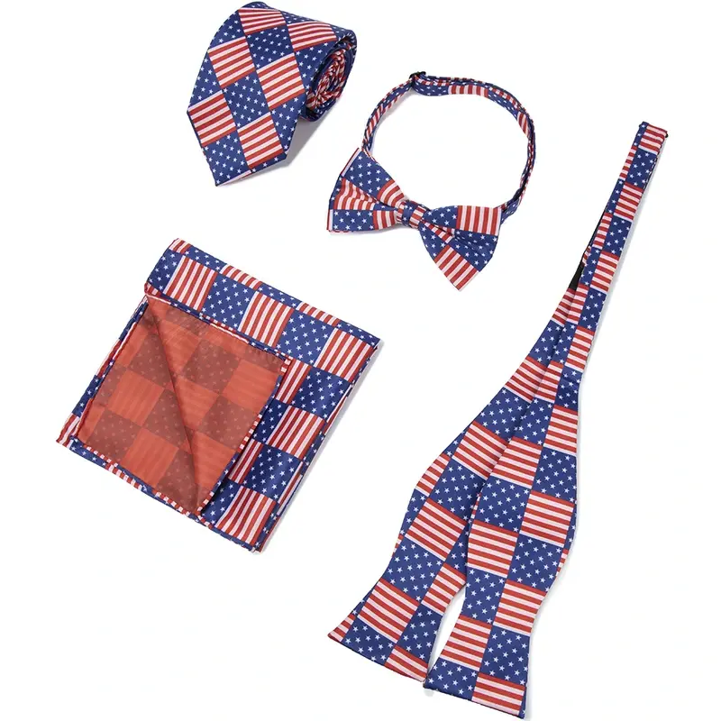 Red and blue flag-pattern tie with matching bow tie and pocket square.