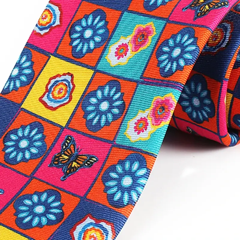 Close-up of colorful necktie with geometric printed motifs