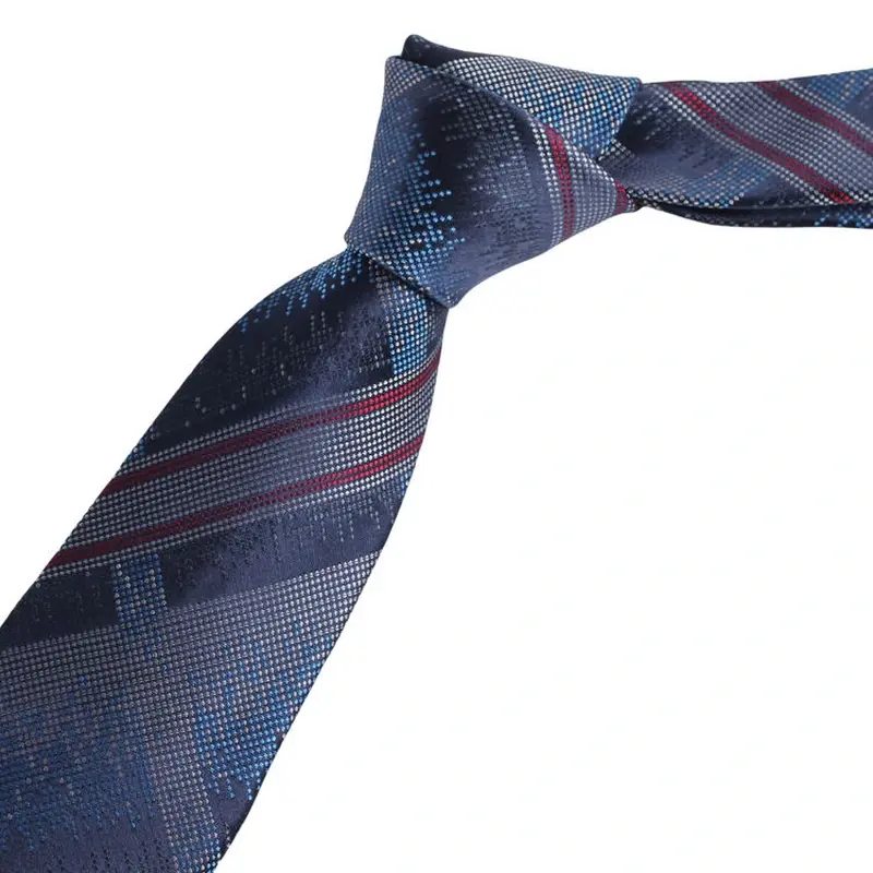 Knotted dark blue tie with muted red and gray diagonal stripes.