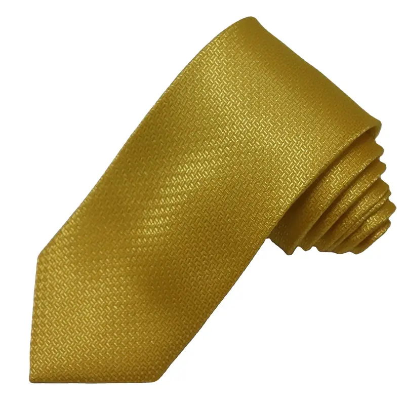 Rolled gold-colored necktie on white background