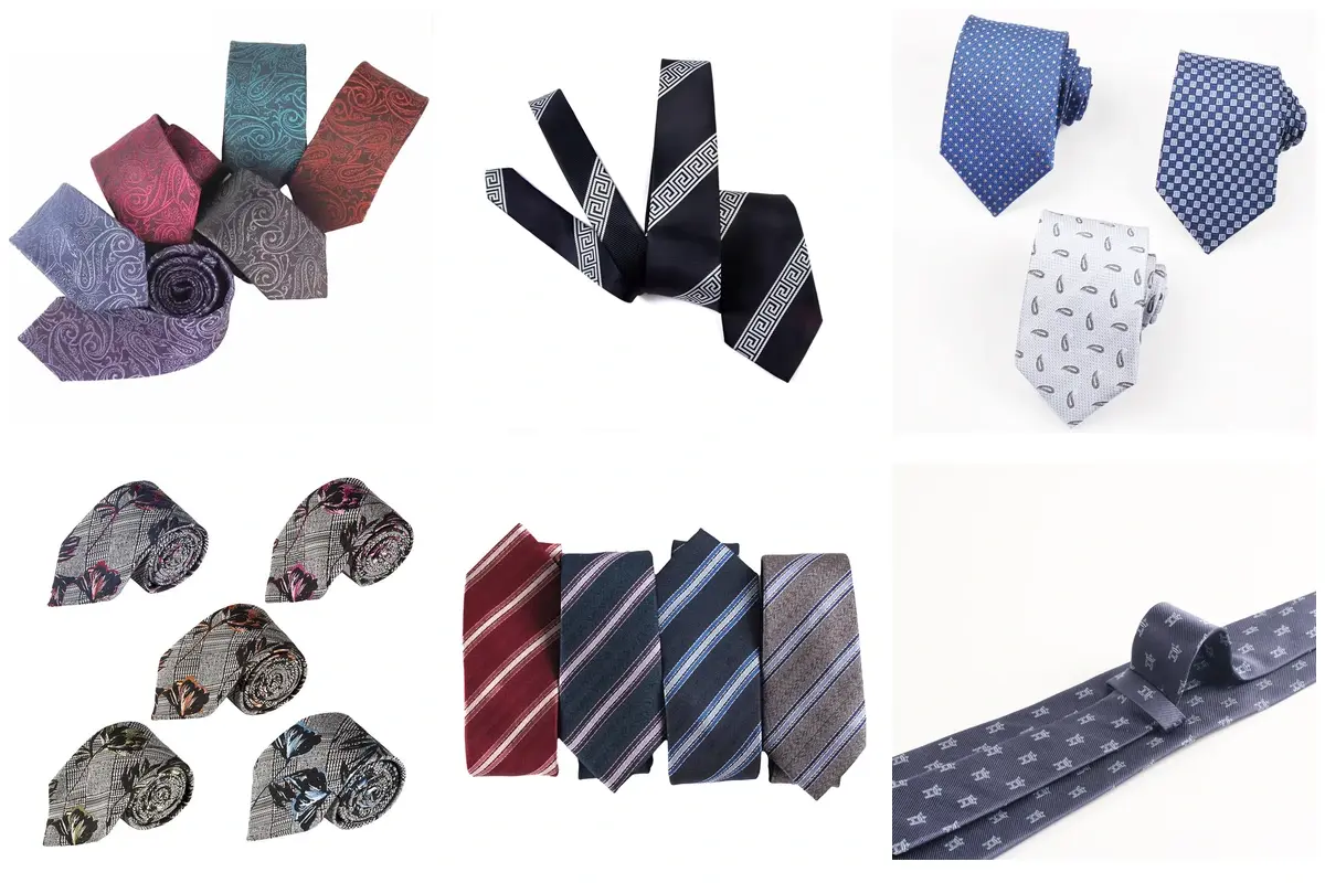 Six tie groups with paisley, stripes and small geometric motifs.