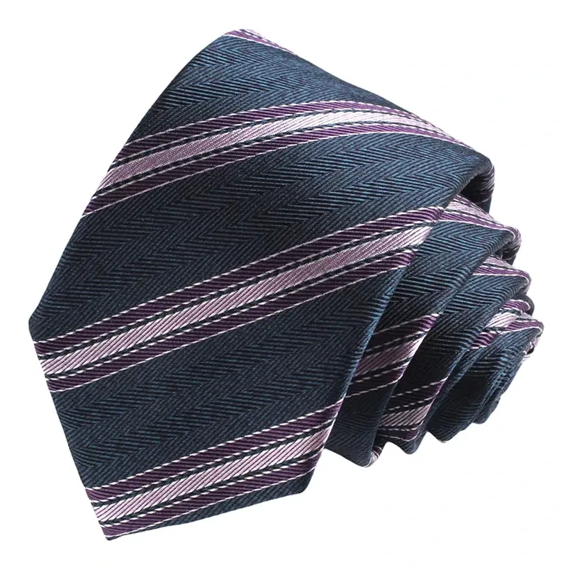Rolled navy tie with fine pink and white diagonal stripes.