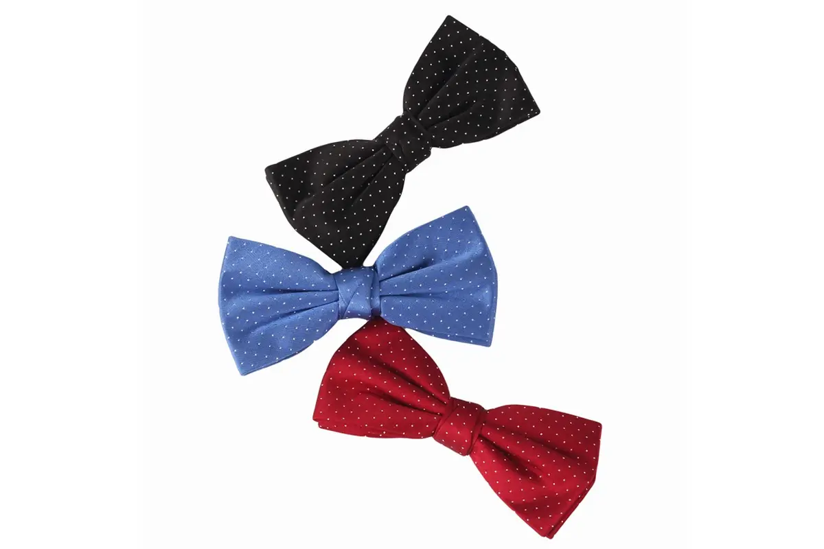 Black, blue and red pre-tied bow ties showing three finished bow shapes.