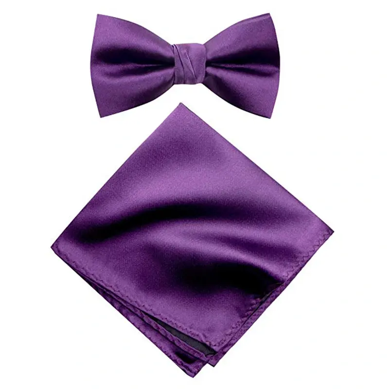 Purple pre-tied bow tie with a matching smooth pocket square.