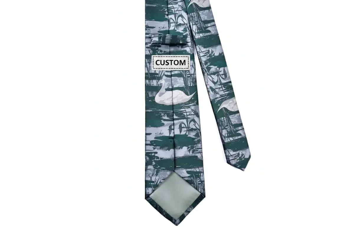 Green scenic-pattern tie reverse with custom label.
