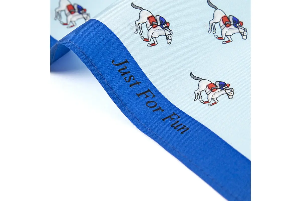 colorful animal illustrations and black lettering beside a blue tie edge.