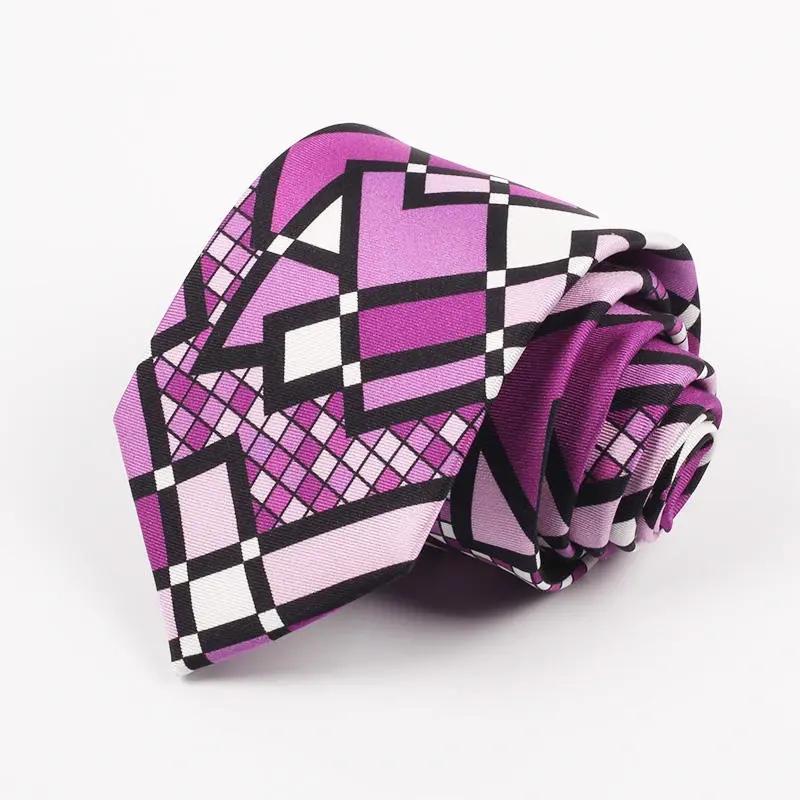 Rolled purple tie with black and white geometric artwork.