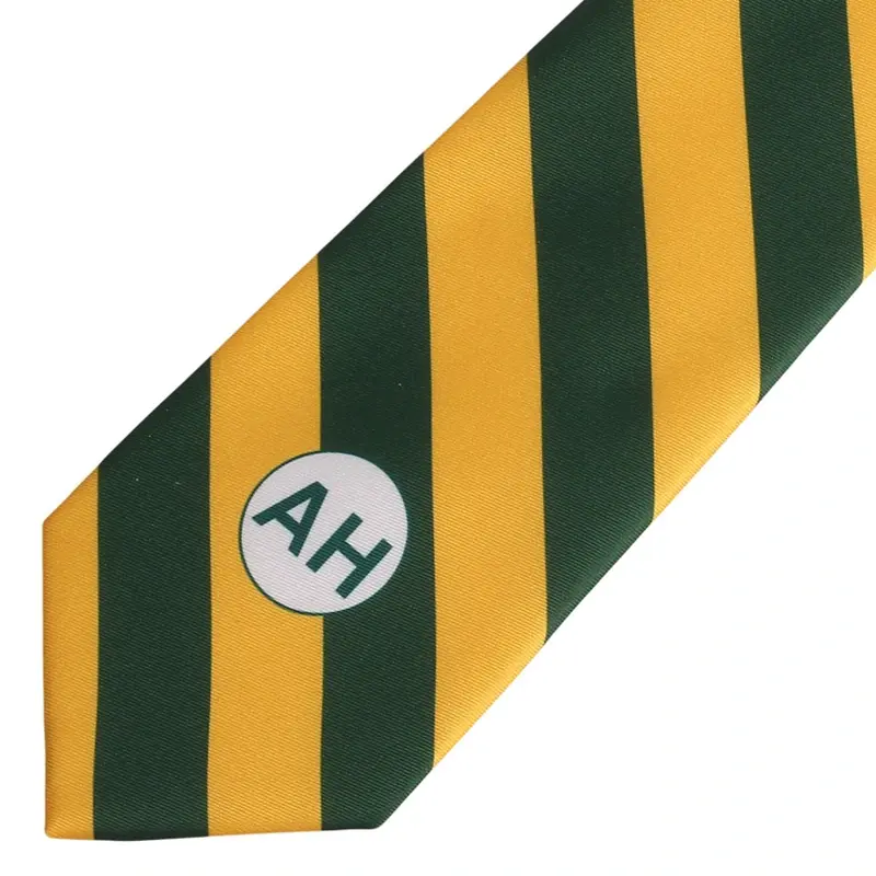 Close-up of an AH letter mark on a green and yellow striped tie.