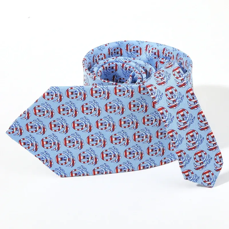 Light blue tie with repeating circular multicolor logos.