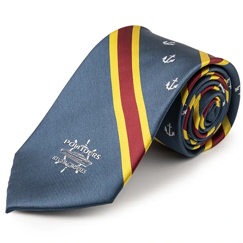 Rolled navy tie with red and yellow stripes, small anchors and placed club mark.