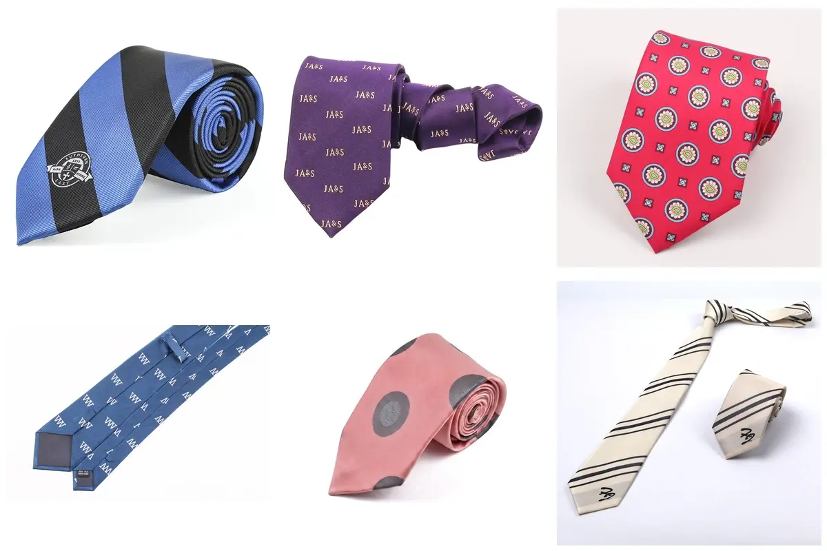Six ties with placed crests, initials, medallions and small blade motifs.