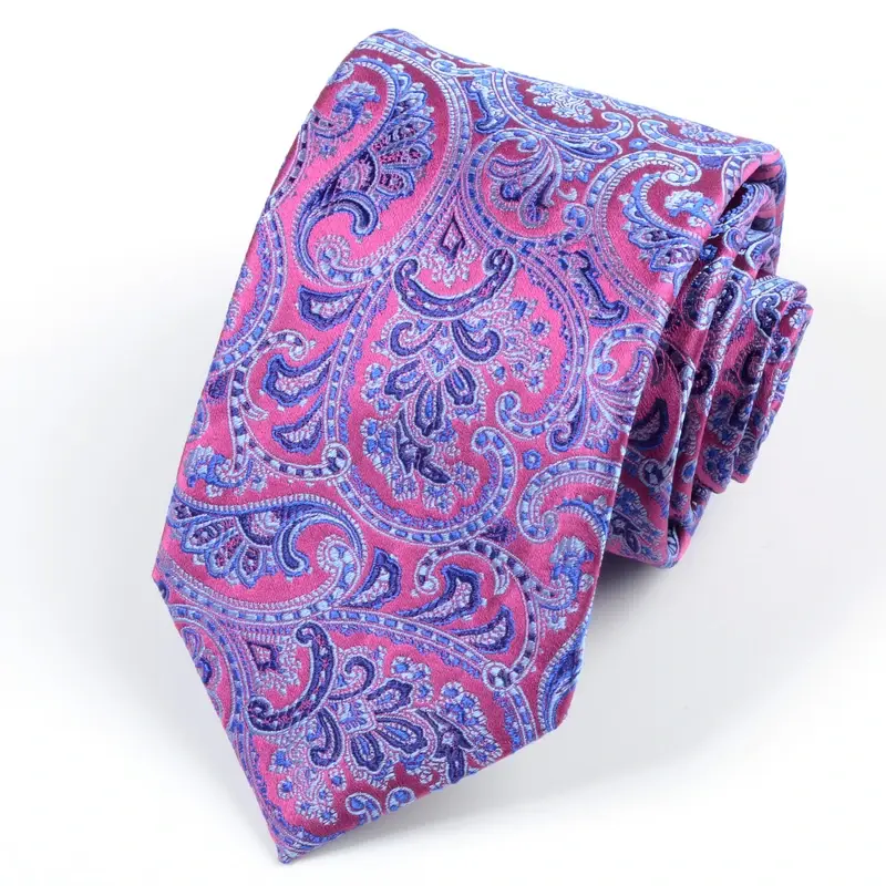 Pink and blue paisley necktie on white background
