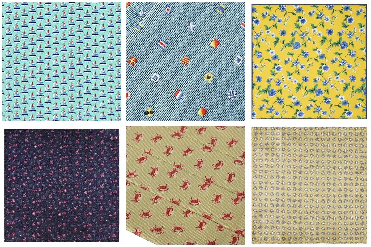 Six fabric patterns with sailboats, flags, florals, crabs and geometric motifs.