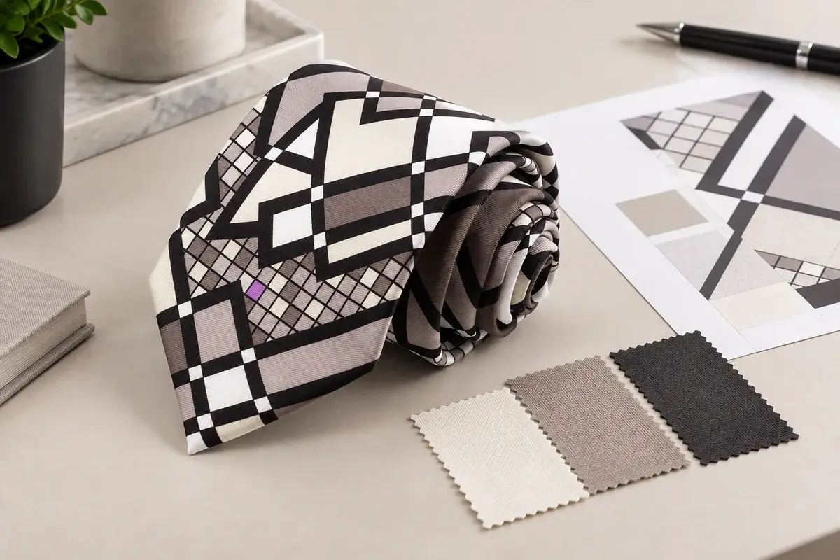 Bold geometric printed tie beside color swatches and an artwork layout sheet.