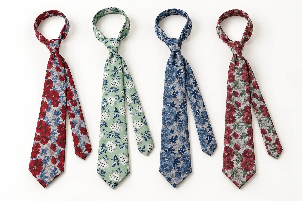 Four floral ties in red, green and blue with knots.