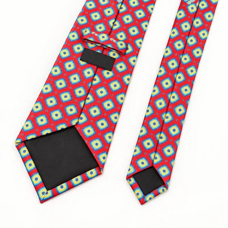 Red geometric tie reverse showing the wide blade, narrow tail and dark tipping.