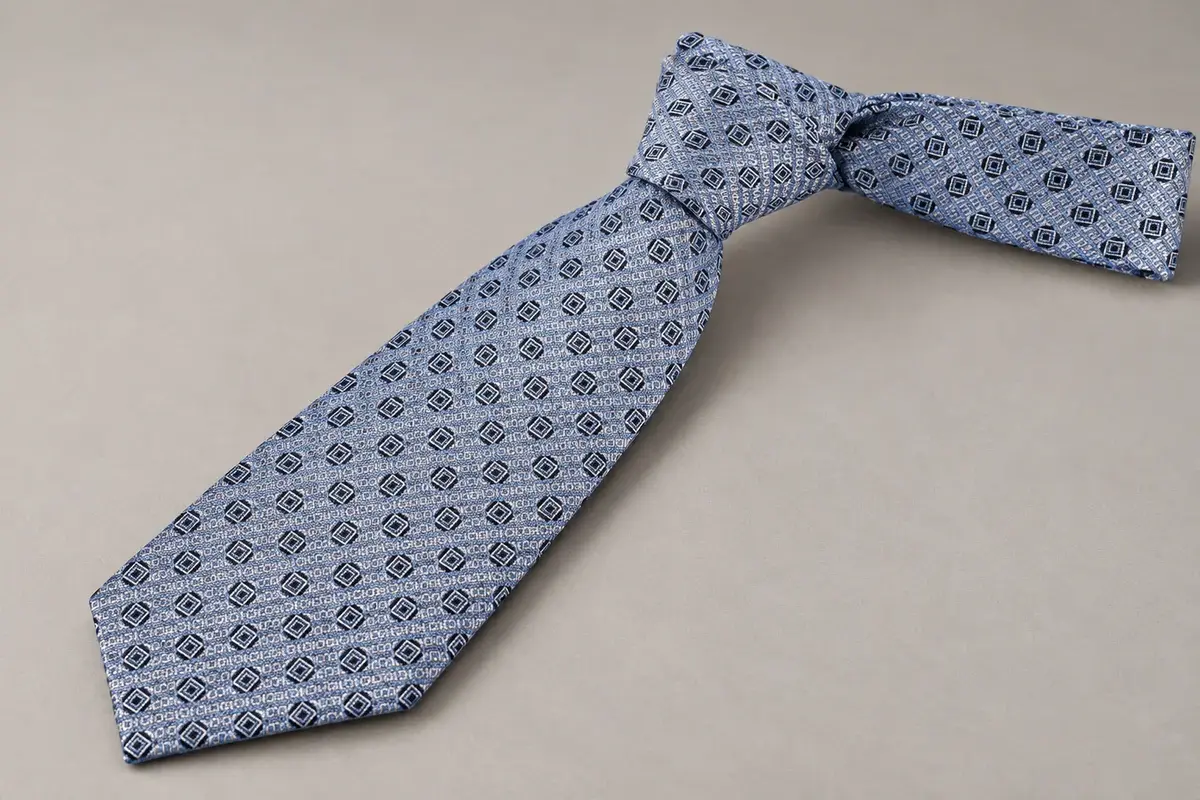 Light blue geometric tie showing its knot, tapered blade and finished edges.