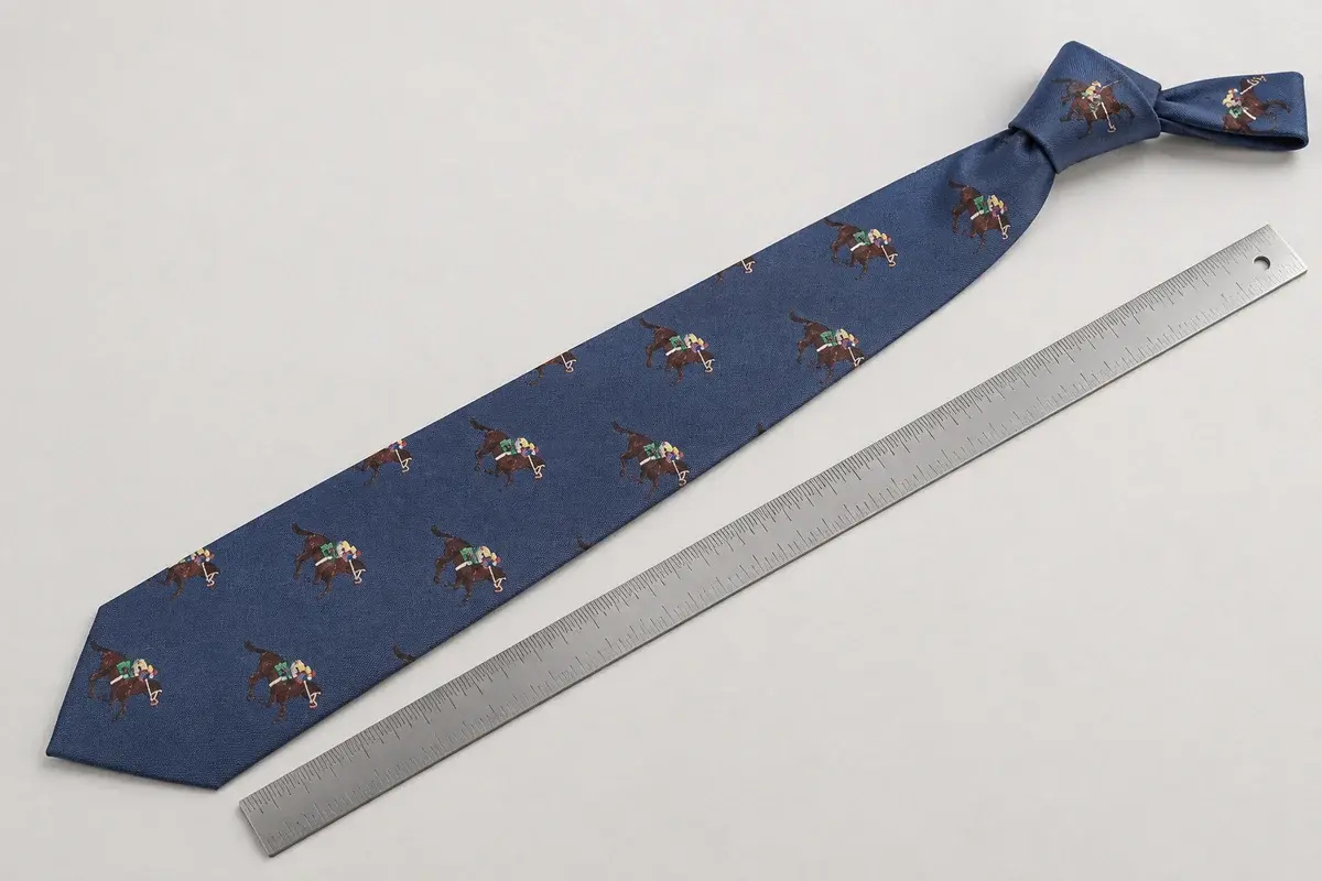 Full blue printed tie laid beside a ruler for width and length review.